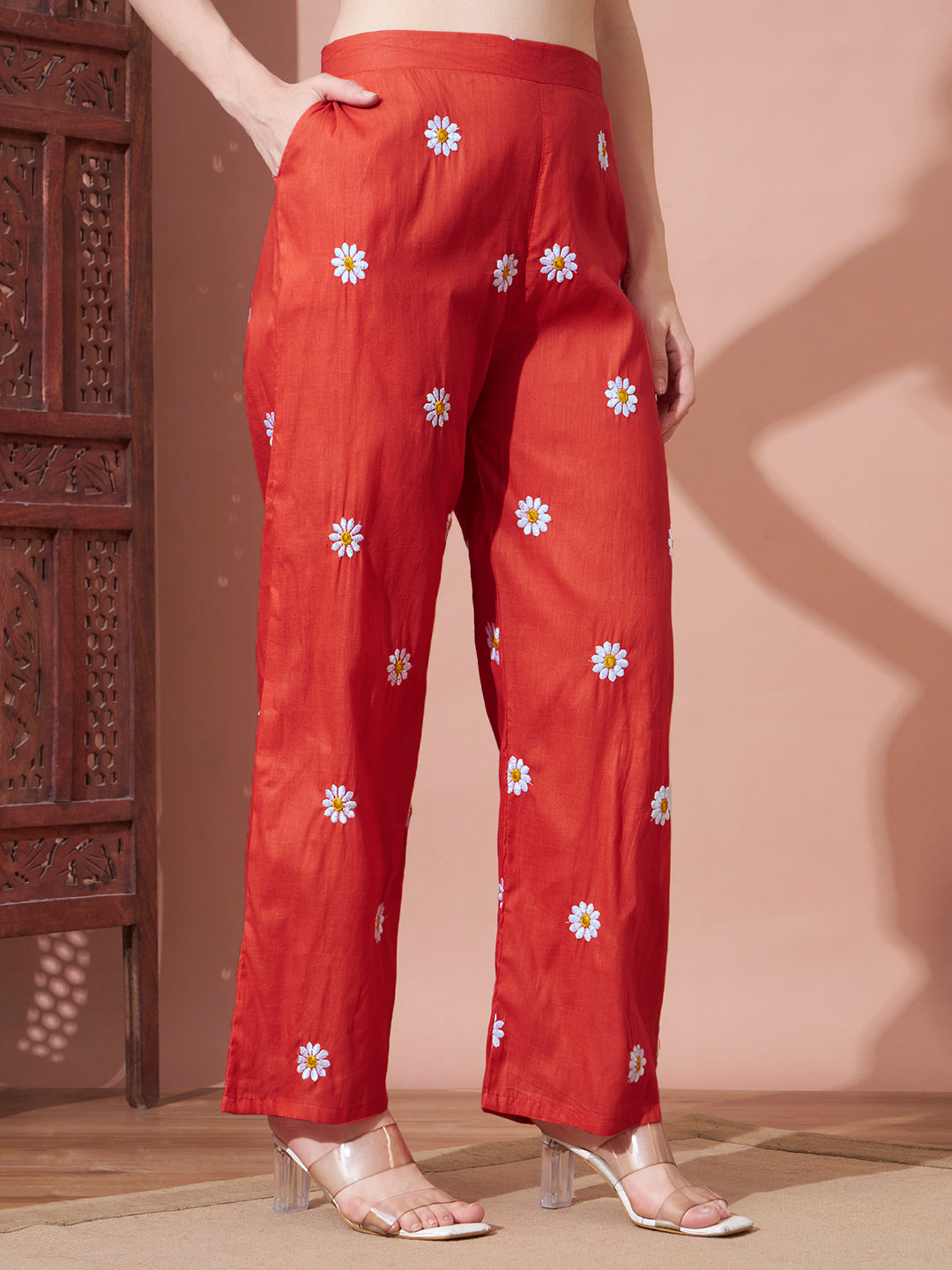 Orange Daisy Printed Night Suit Set for Women