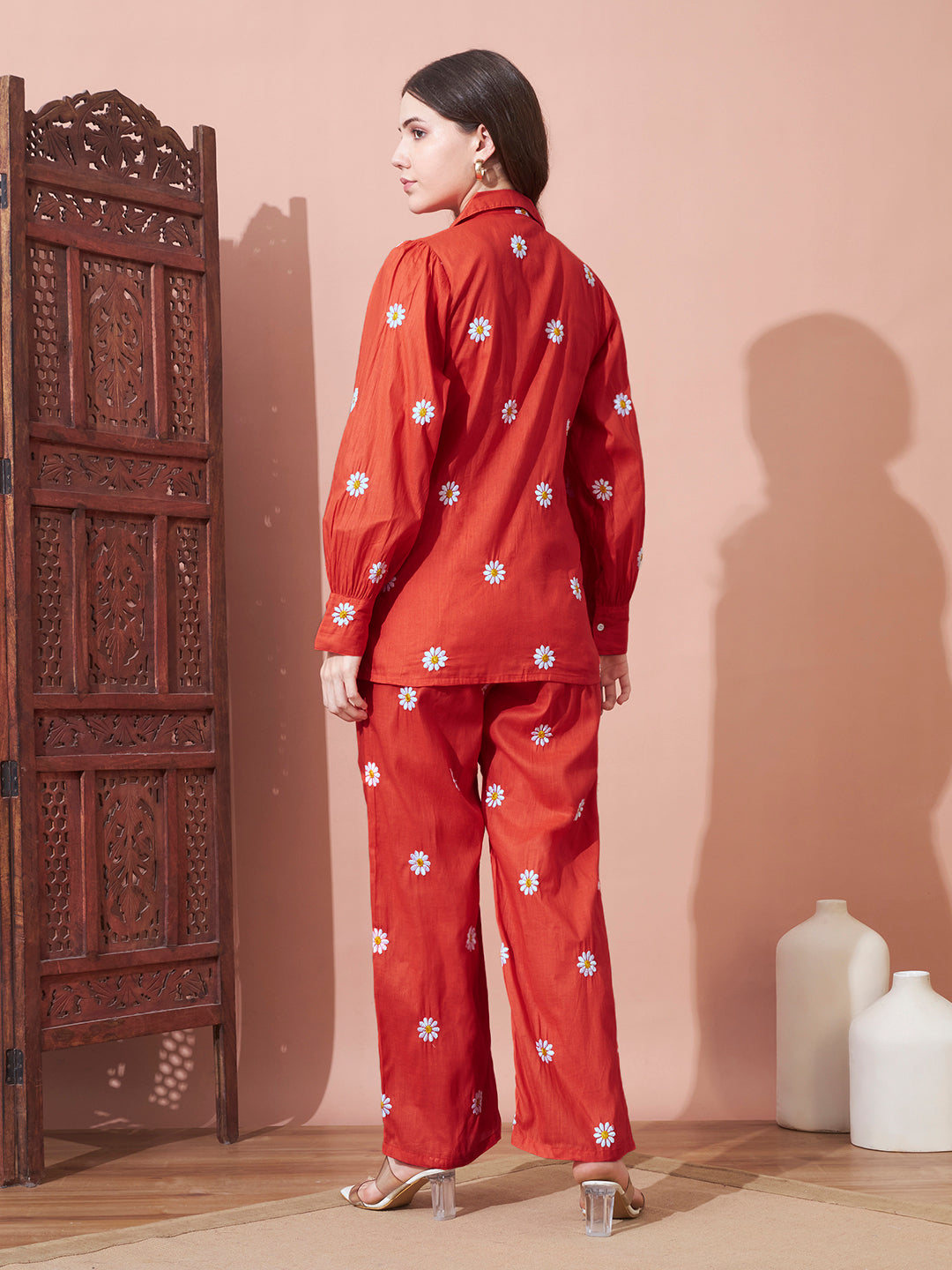 Orange Daisy Printed Night Suit Set for Women