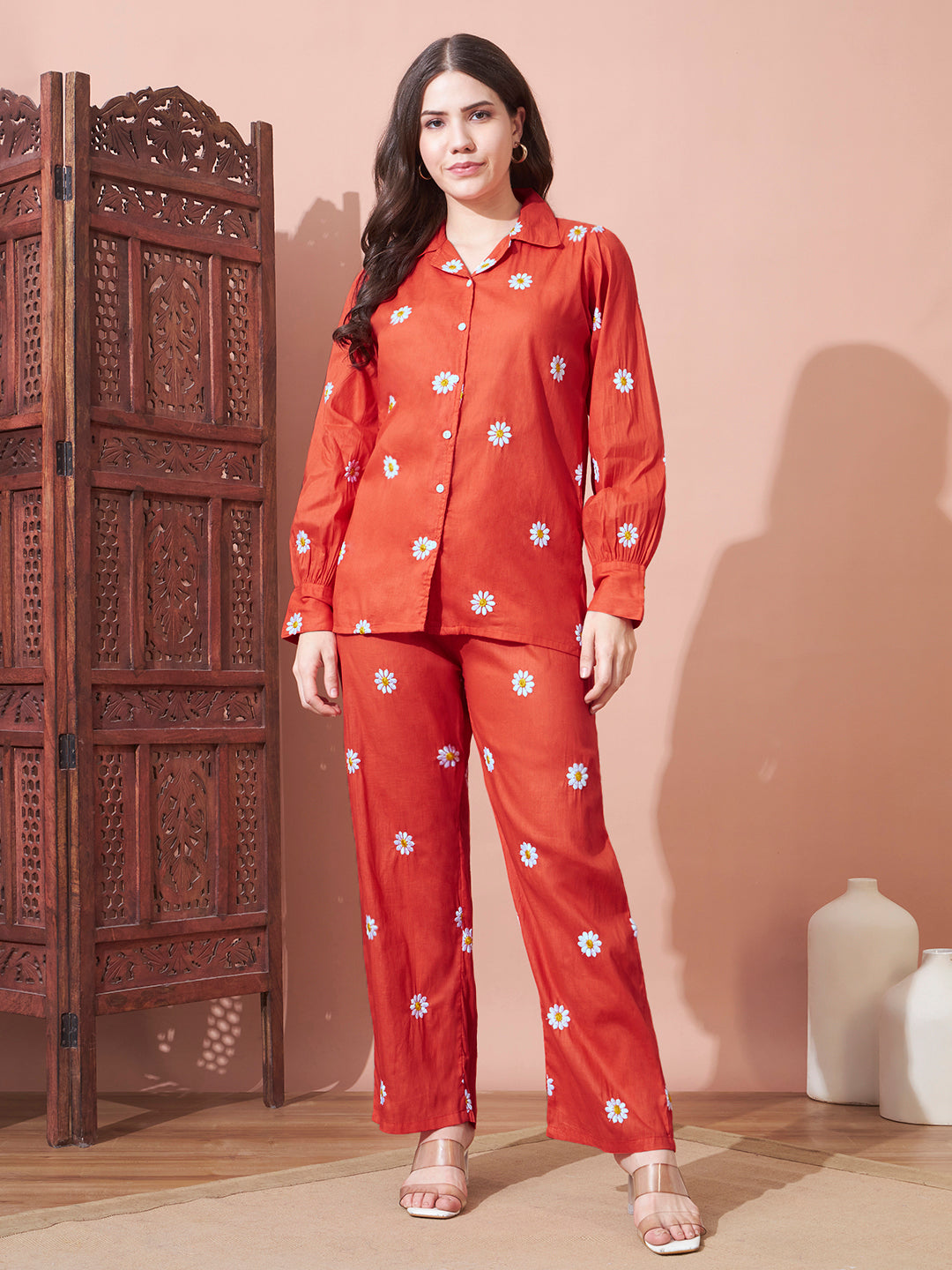 Orange Daisy Printed Night Suit Set for Women