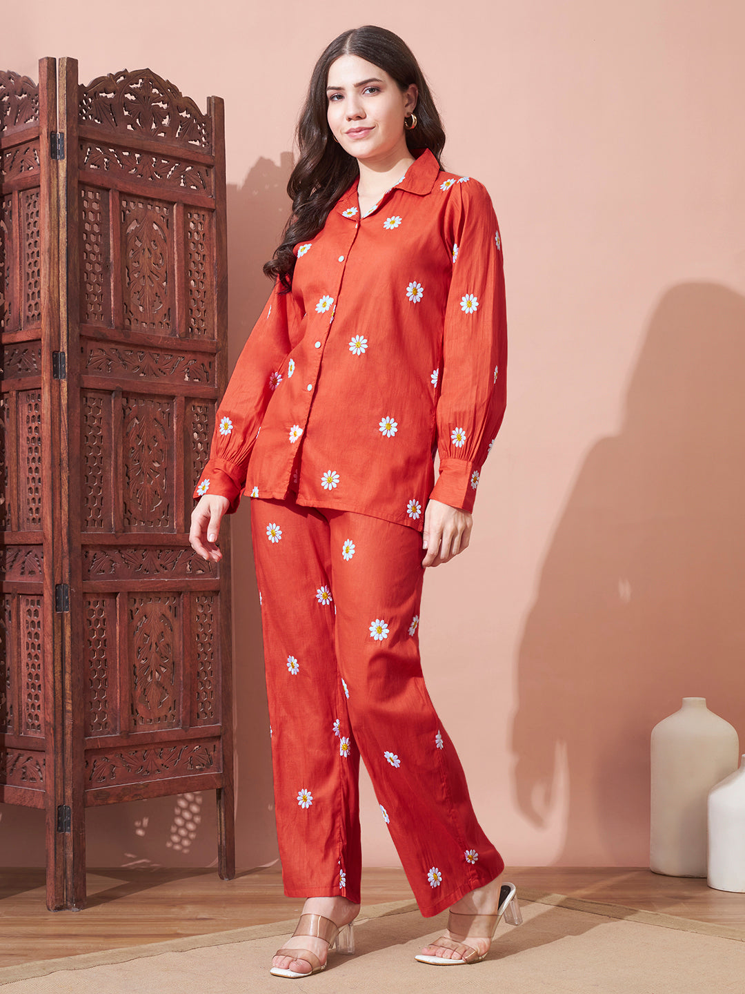 Orange Daisy Printed Night Suit Set for Women