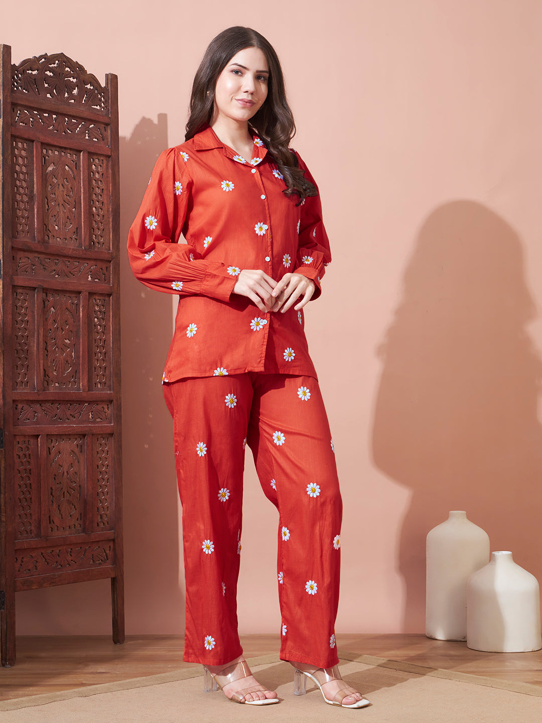 Orange Daisy Printed Night Suit Set for Women