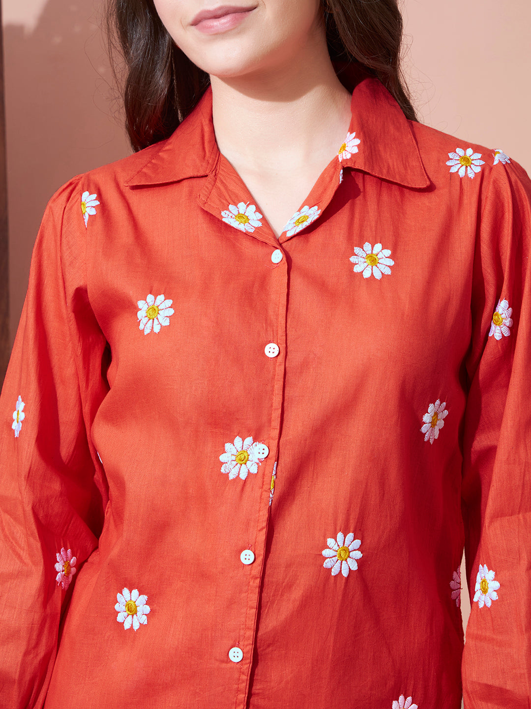 Orange Daisy Printed Night Suit Set for Women