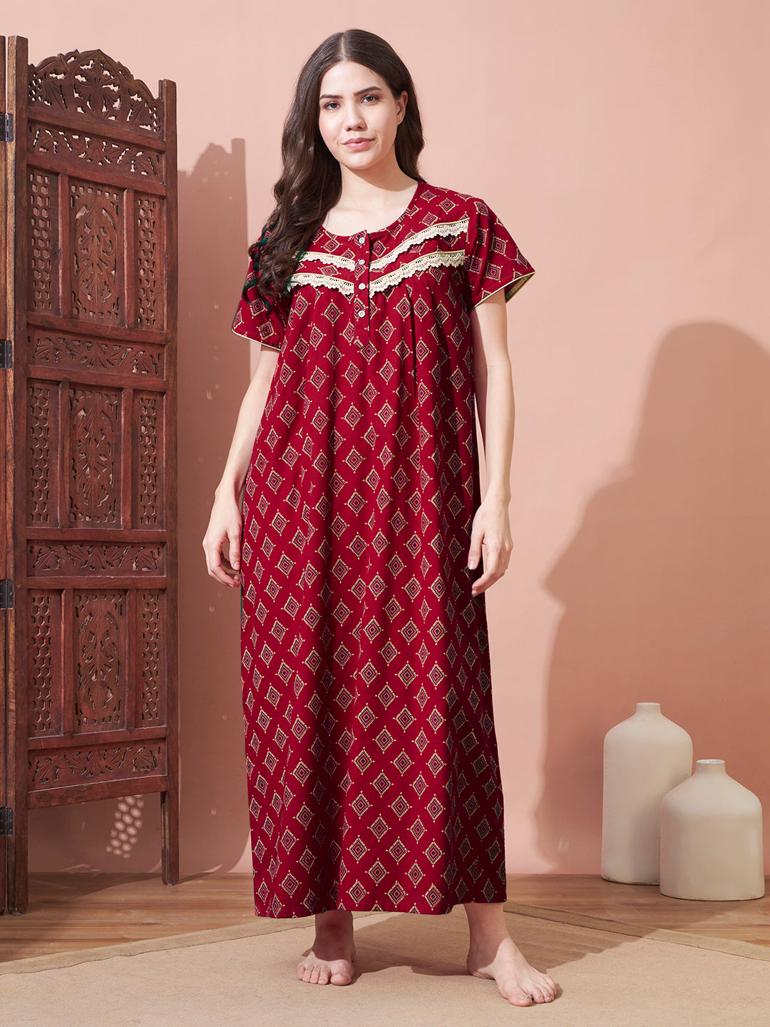 🌸 Peach Cotton Night Gown with Lace Yoke – Soft & Elegant Maxi Nightwear for Women (Copy)