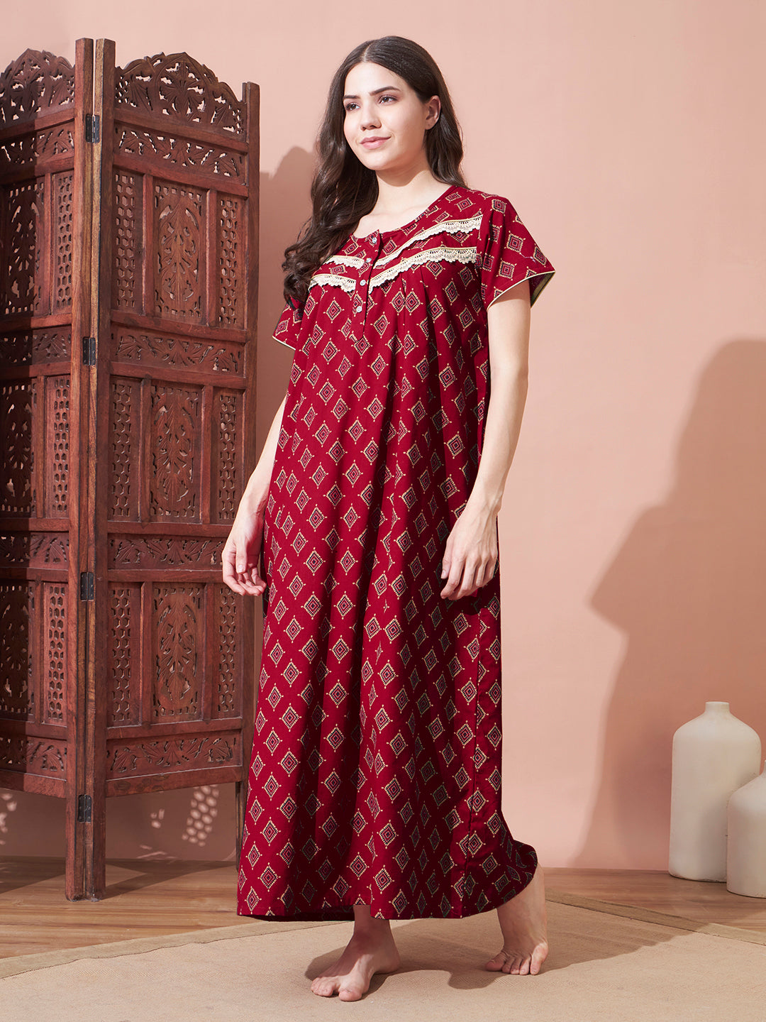 🌸 Peach Cotton Night Gown with Lace Yoke – Soft & Elegant Maxi Nightwear for Women (Copy)