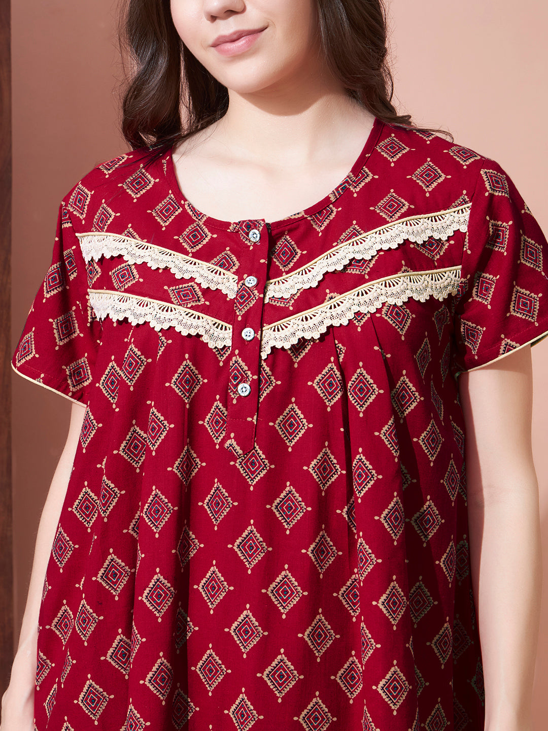 🌸 Peach Cotton Night Gown with Lace Yoke – Soft & Elegant Maxi Nightwear for Women (Copy)