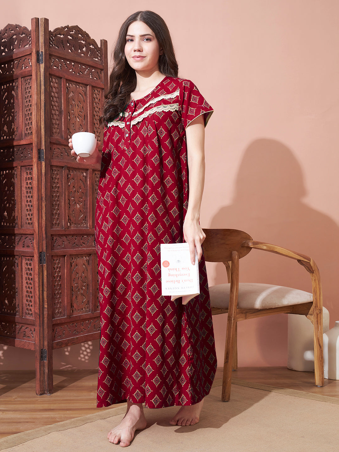 🌸 Peach Cotton Night Gown with Lace Yoke – Soft & Elegant Maxi Nightwear for Women (Copy)