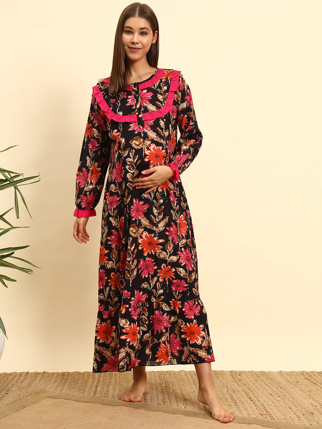 Women’s Floral Red Print Maternity Feeding Gown