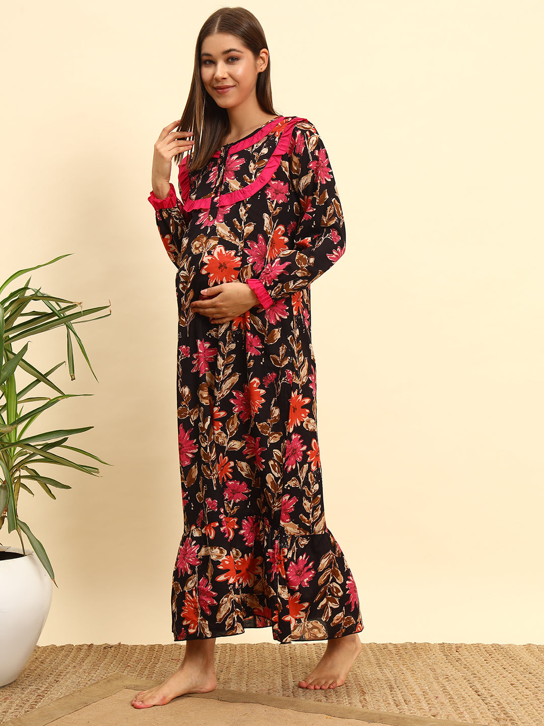 Women’s Floral Red Print Maternity Feeding Gown
