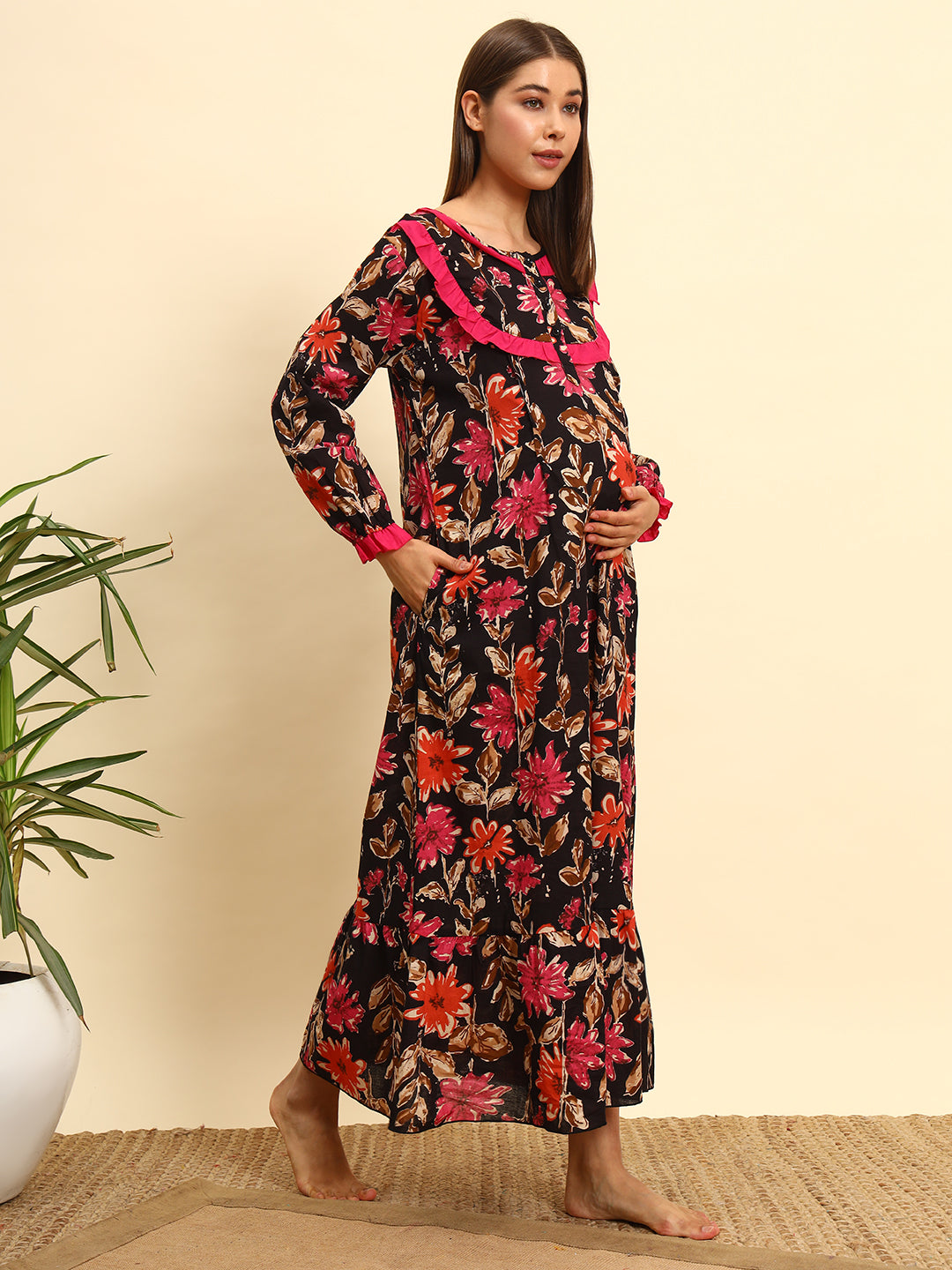 Women’s Floral Red Print Maternity Feeding Gown