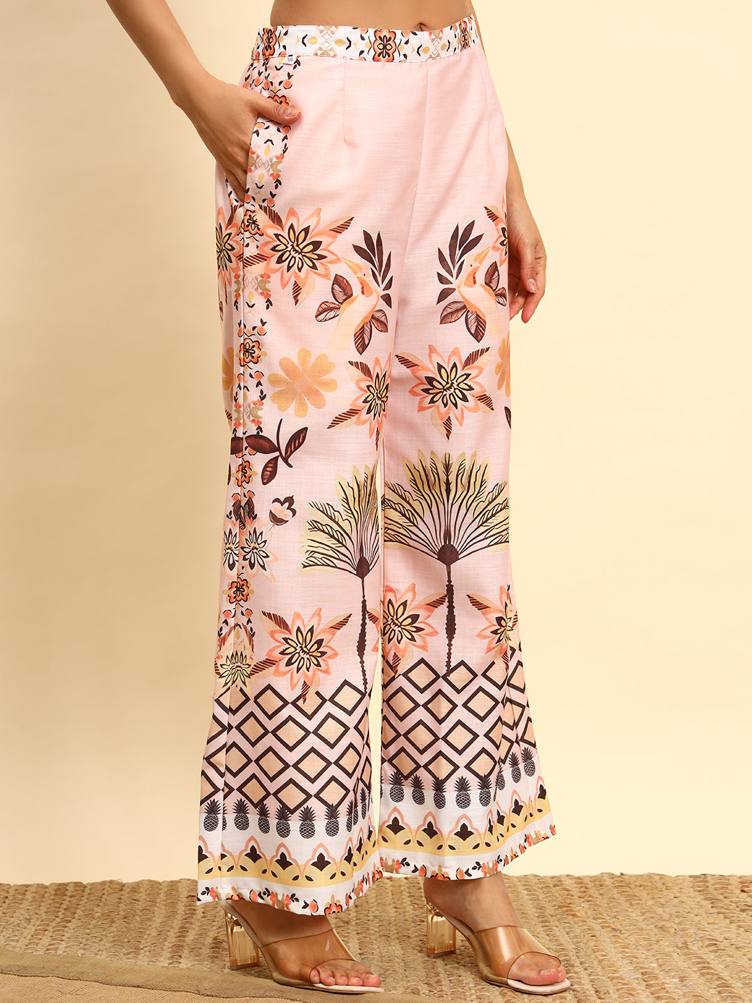 Women’s Peach Printed Shirt Style Co-Ord Set