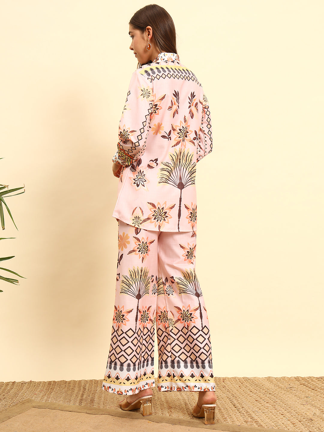 Women’s Peach Printed Shirt Style Co-Ord Set