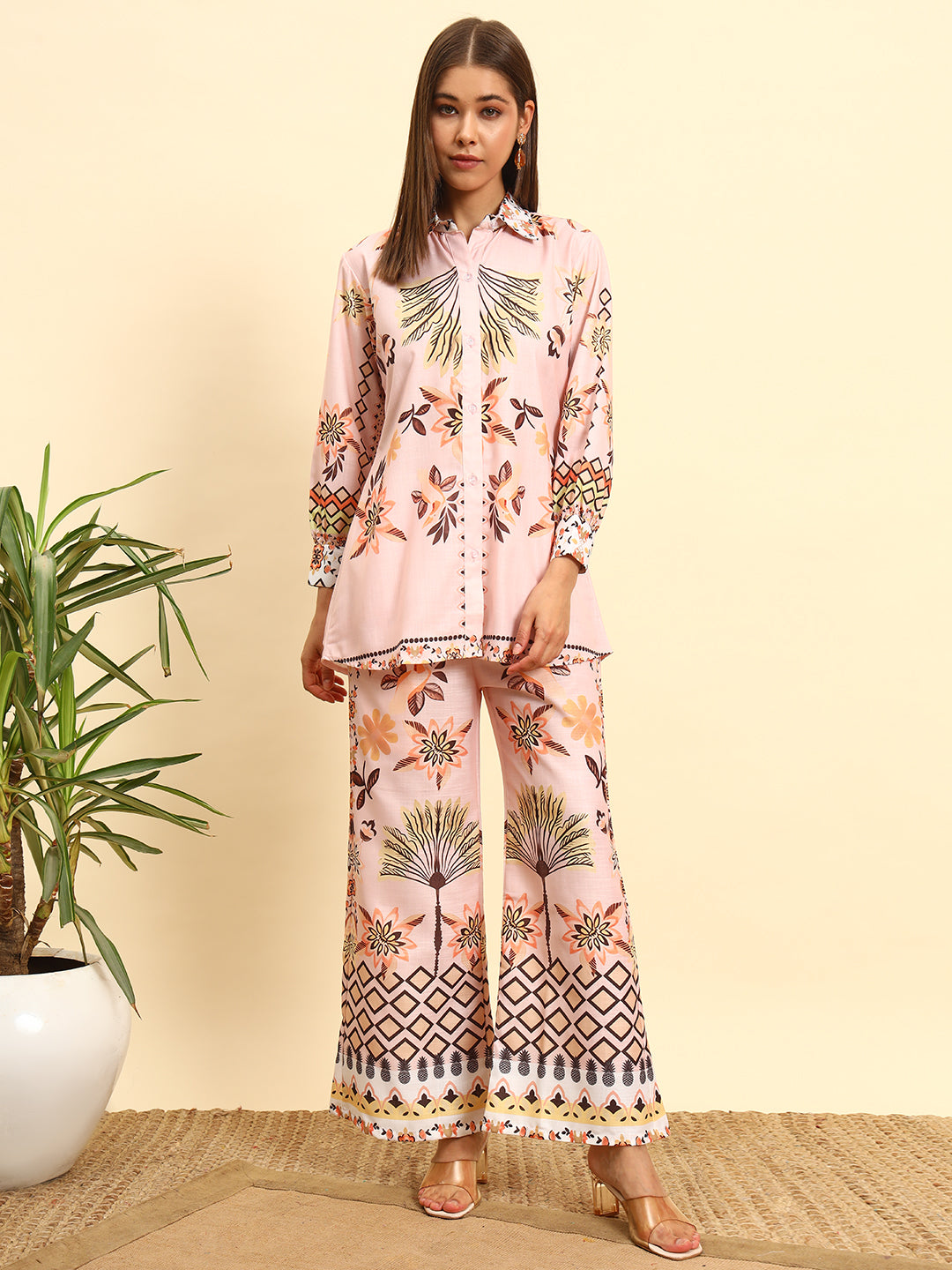 Women’s Peach Printed Shirt Style Co-Ord Set