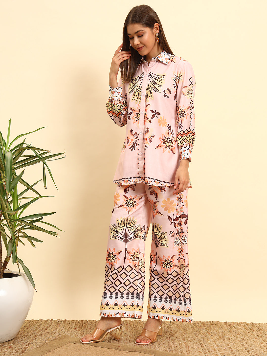 Women’s Peach Printed Shirt Style Co-Ord Set