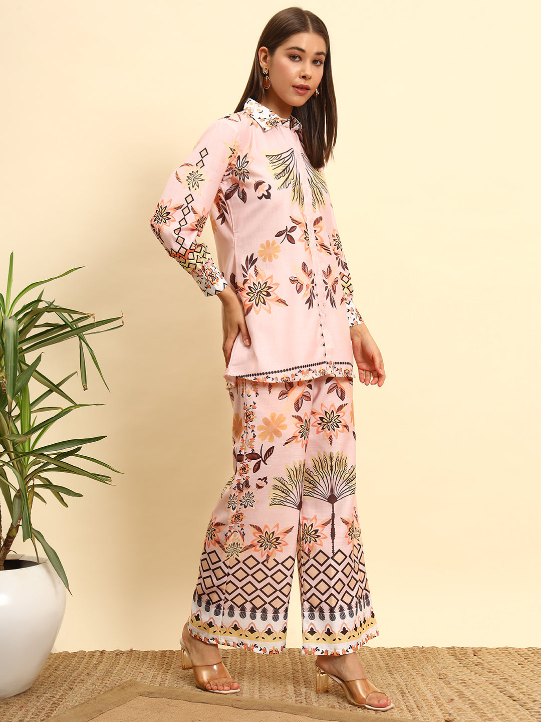 Women’s Peach Printed Shirt Style Co-Ord Set