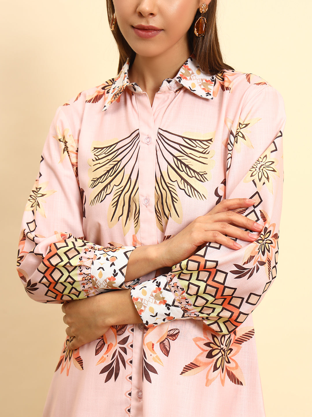 Women’s Peach Printed Shirt Style Co-Ord Set