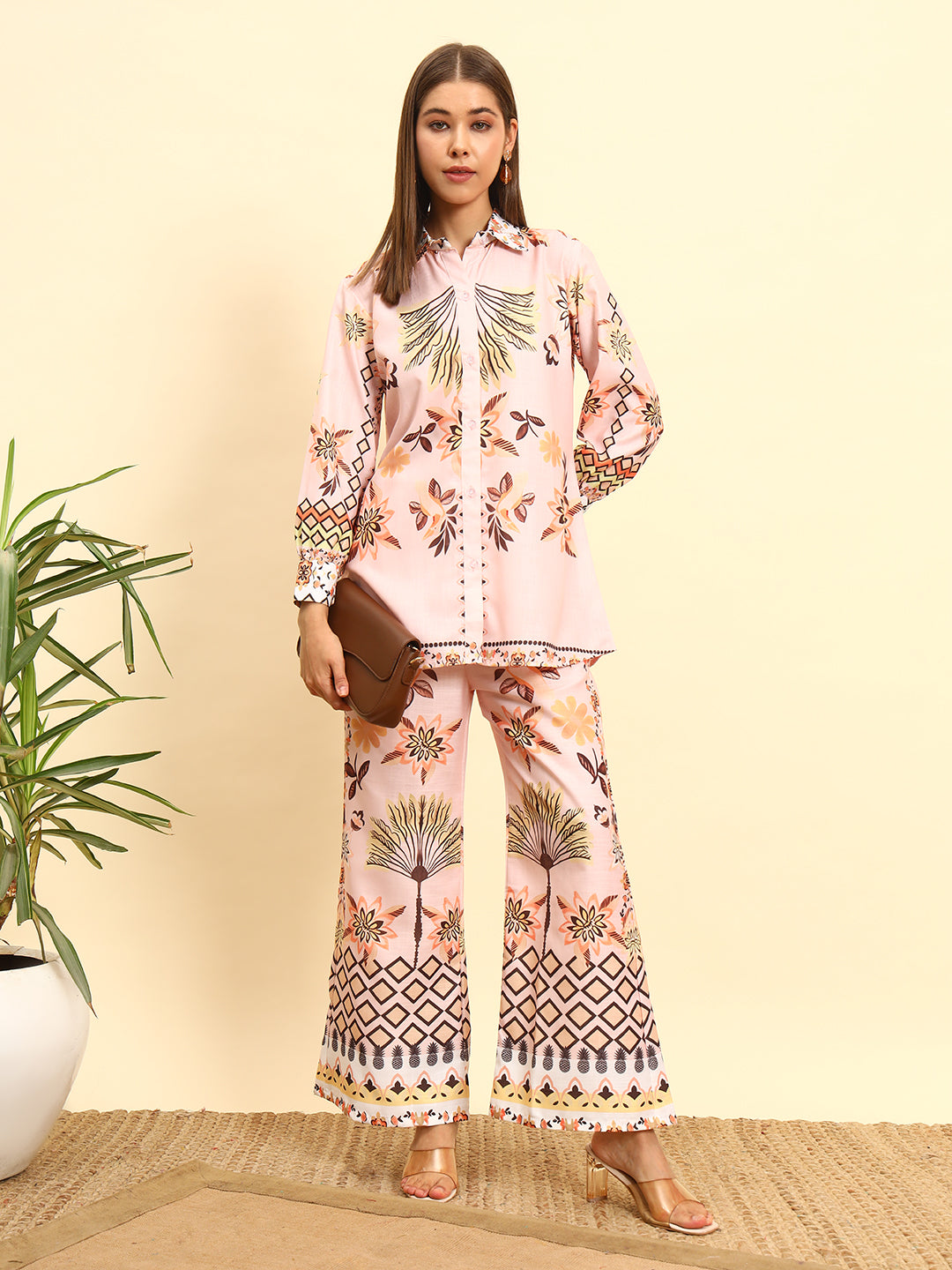 Women’s Peach Printed Shirt Style Co-Ord Set