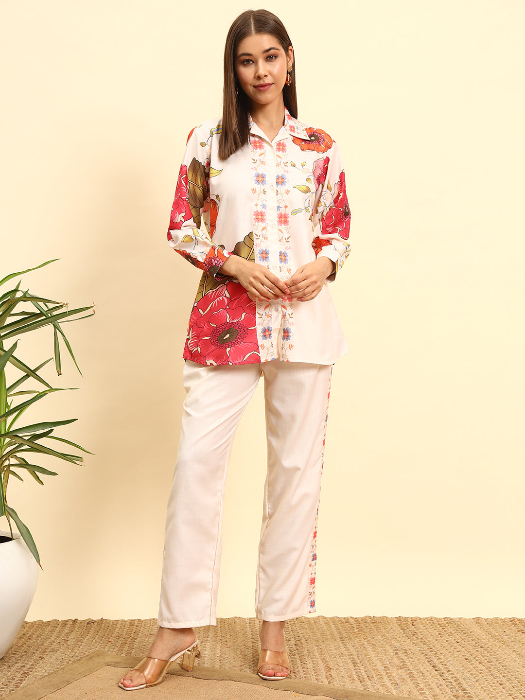 🌺 Women’s Cream Floral Printed Night Suit Co-Ord Set