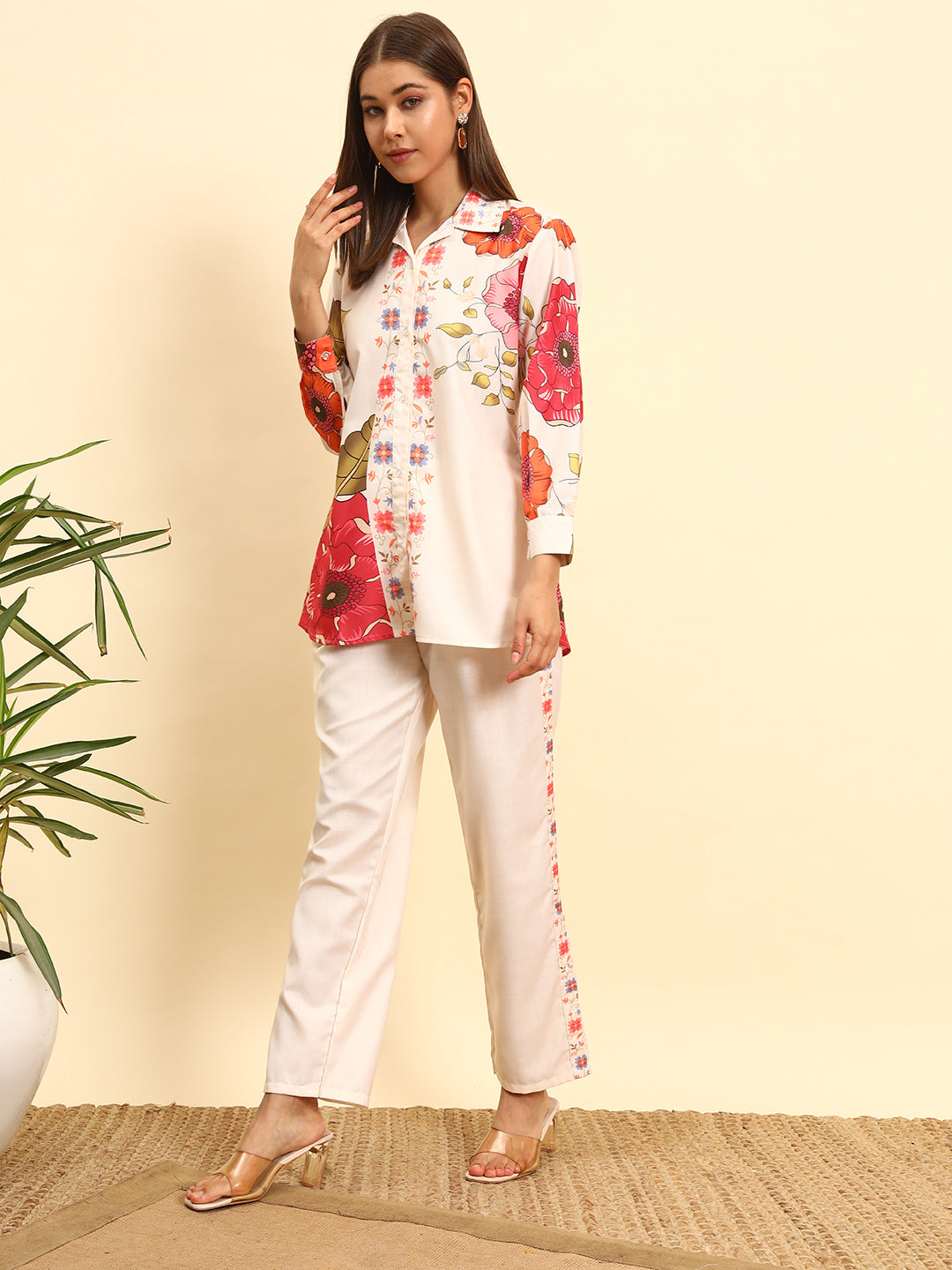 🌺 Women’s Cream Floral Printed Night Suit Co-Ord Set