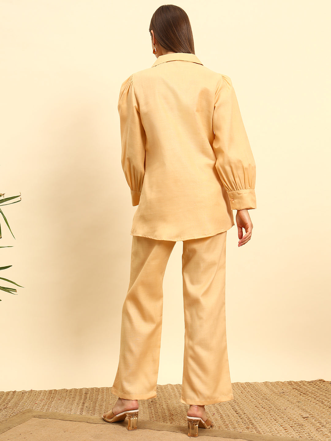 Women’s Solid Peach Shirt Style Co-Ord Set with Embroidery