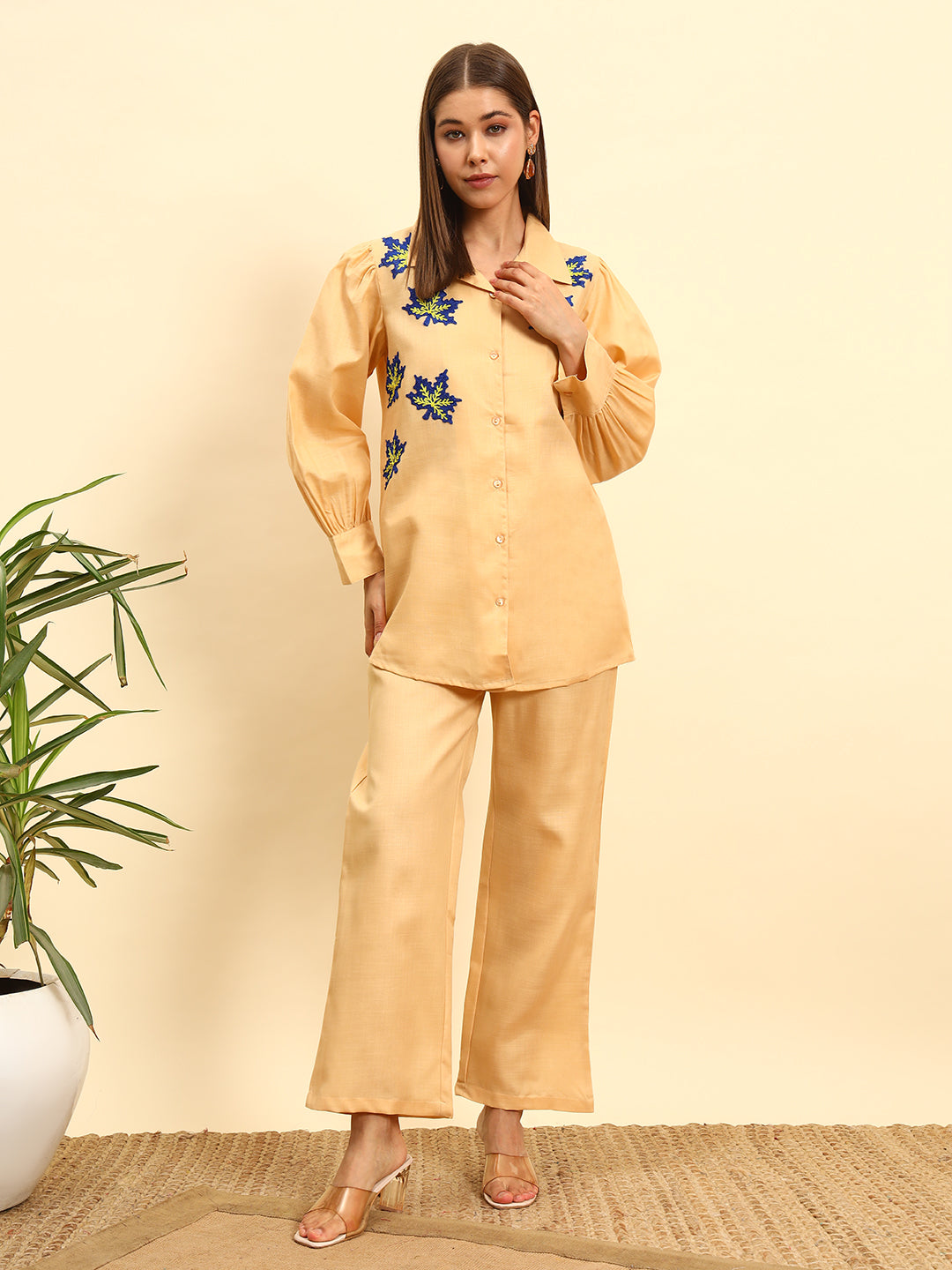 Women’s Solid Peach Shirt Style Co-Ord Set with Embroidery