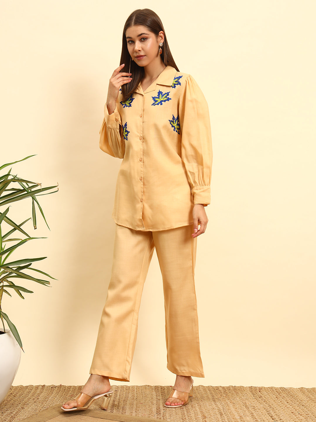 Women’s Solid Peach Shirt Style Co-Ord Set with Embroidery