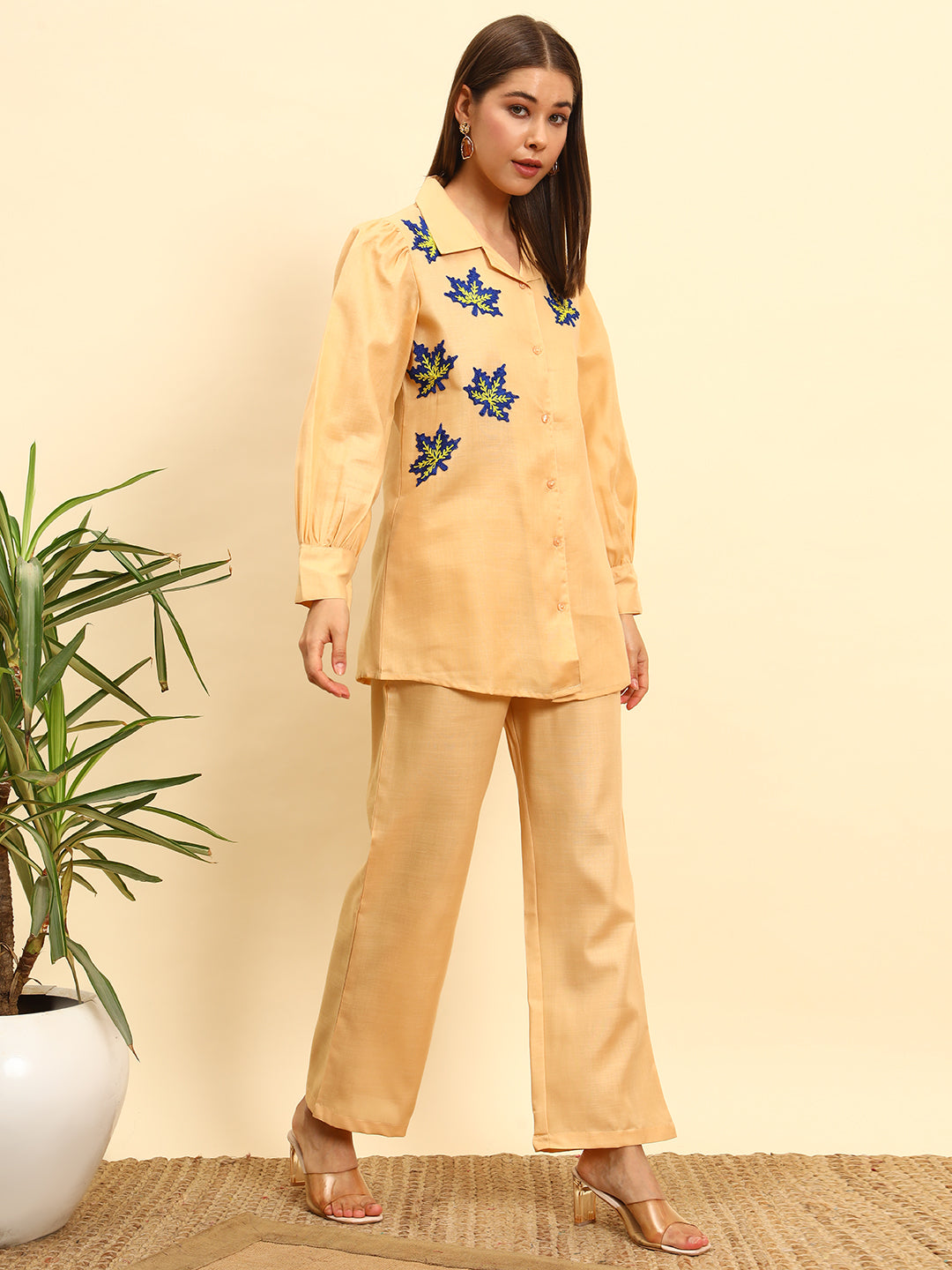 Women’s Solid Peach Shirt Style Co-Ord Set with Embroidery