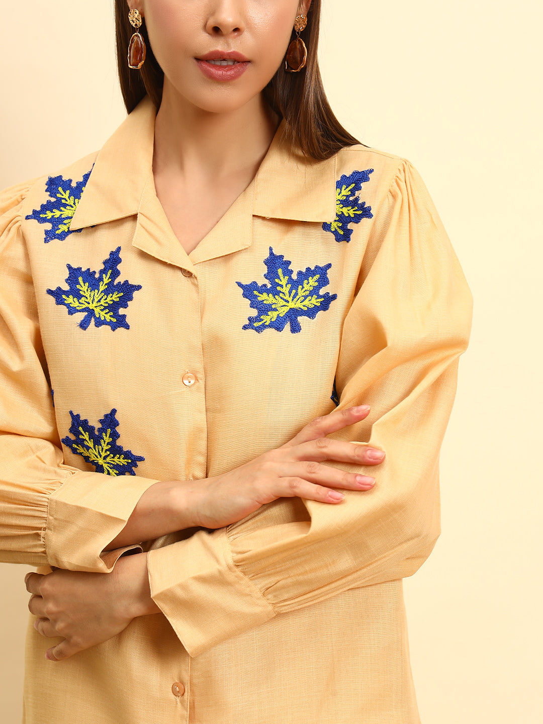 Women’s Solid Peach Shirt Style Co-Ord Set with Embroidery