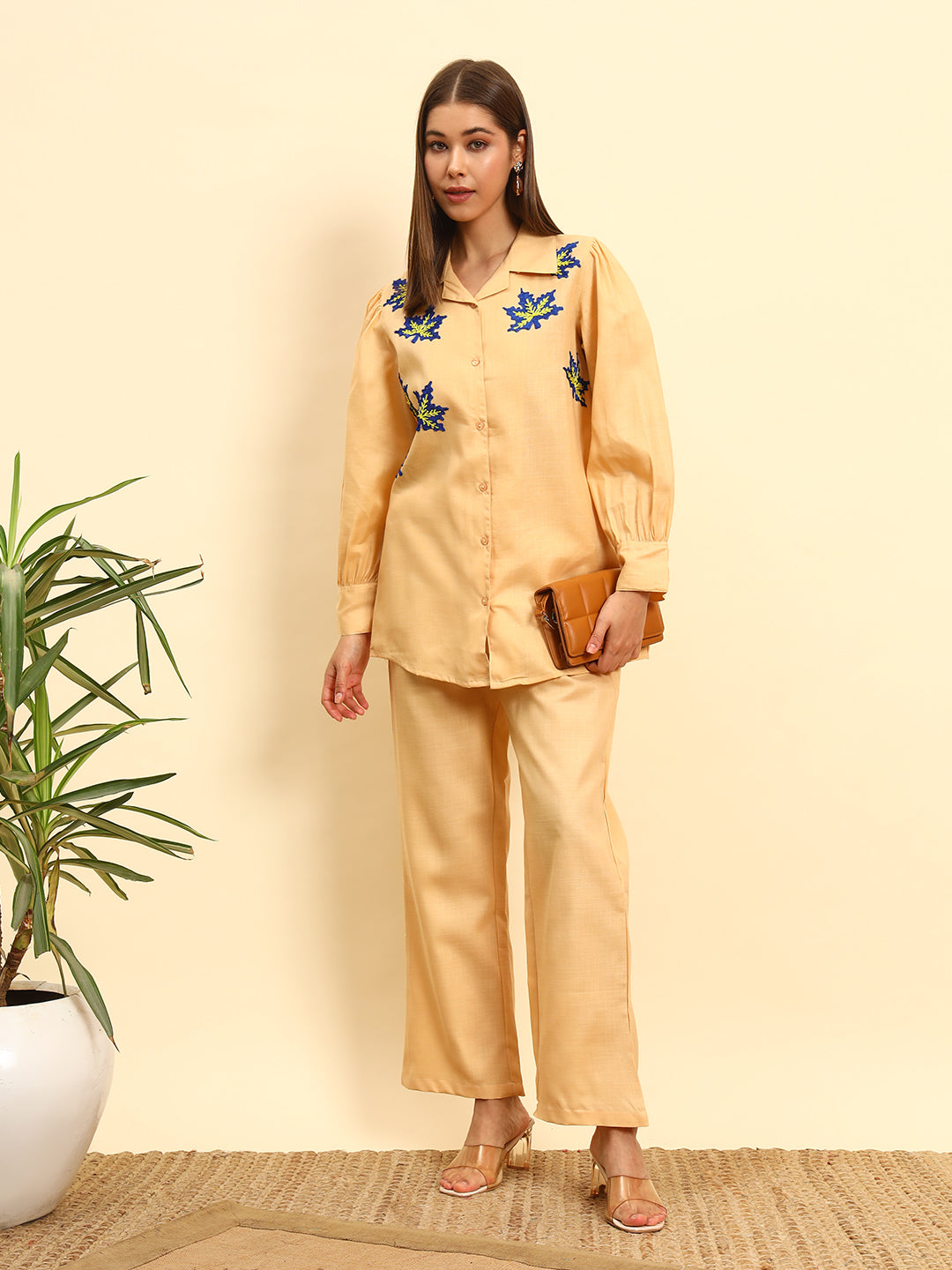Women’s Solid Peach Shirt Style Co-Ord Set with Embroidery