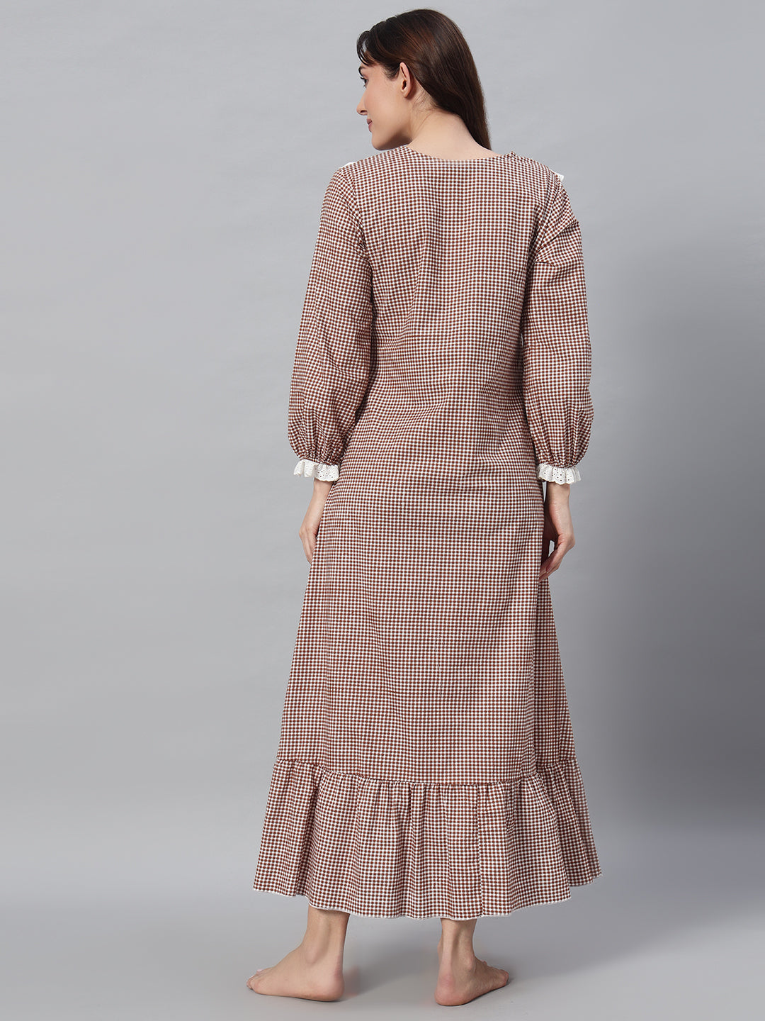 🤎 Brown Checkered Night Gown – Classic & Comfortable Sleepwear