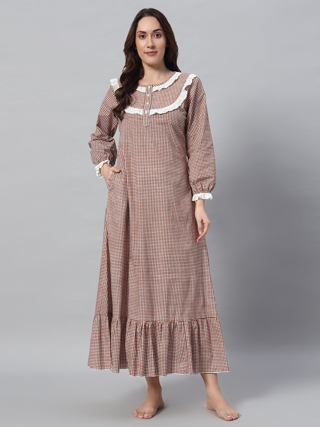 🤎 Brown Checkered Night Gown – Classic & Comfortable Sleepwear