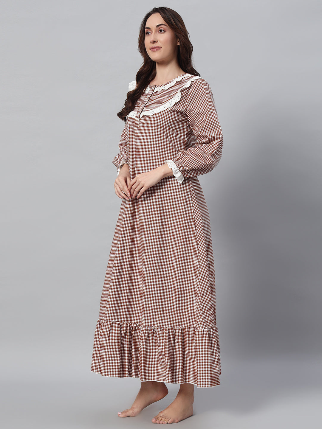 🤎 Brown Checkered Night Gown – Classic & Comfortable Sleepwear