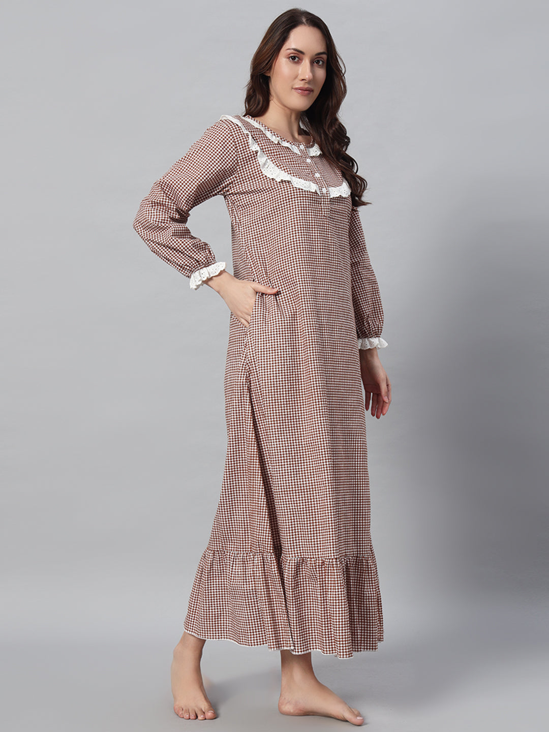 🤎 Brown Checkered Night Gown – Classic & Comfortable Sleepwear