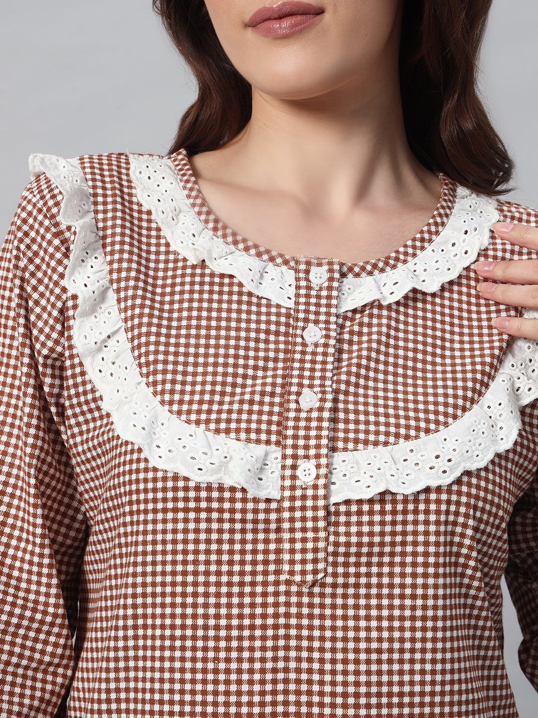 🤎 Brown Checkered Night Gown – Classic & Comfortable Sleepwear