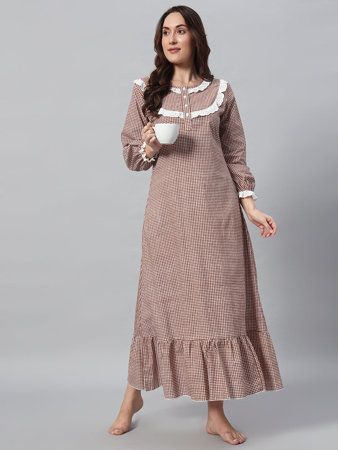 🤎 Brown Checkered Night Gown – Classic & Comfortable Sleepwear