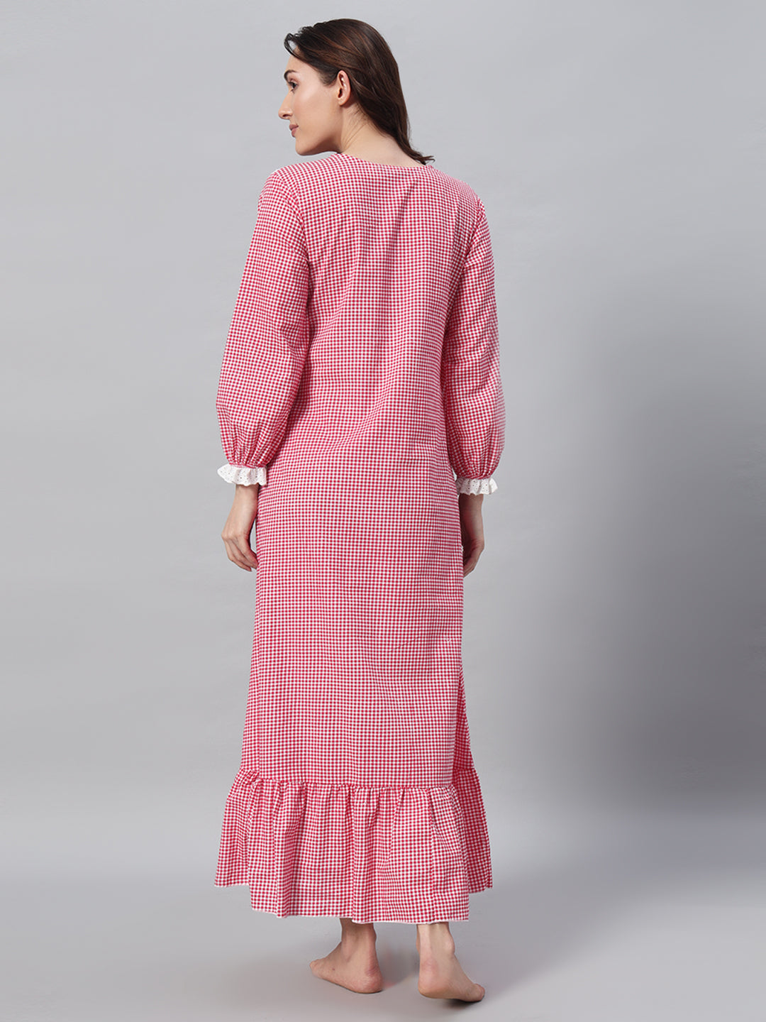 Red Gingham Lace Detail Night Gown – Classic & Comfortable Sleepwear For Women