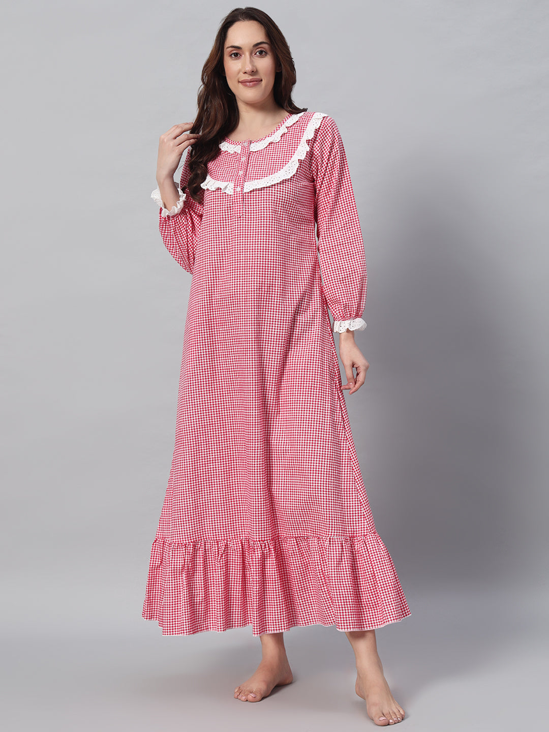 Red Gingham Lace Detail Night Gown – Classic & Comfortable Sleepwear For Women