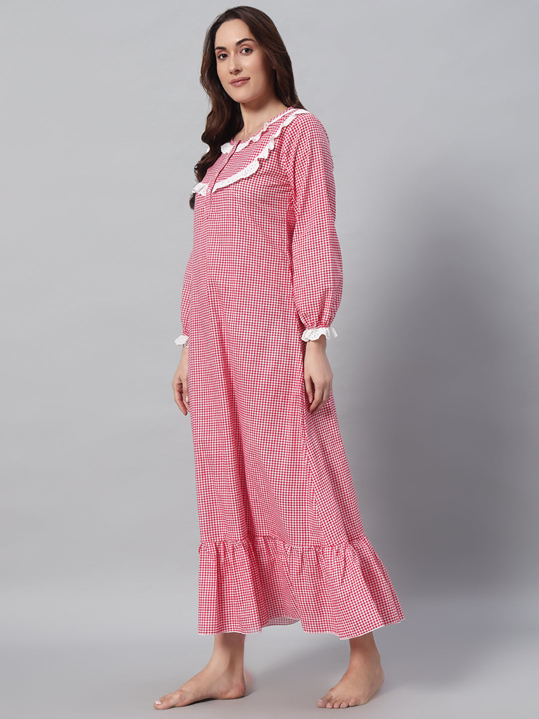 Red Gingham Lace Detail Night Gown – Classic & Comfortable Sleepwear For Women