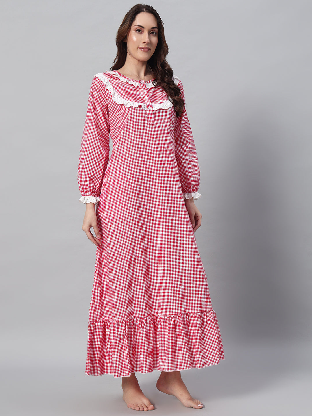 Red Gingham Lace Detail Night Gown – Classic & Comfortable Sleepwear For Women
