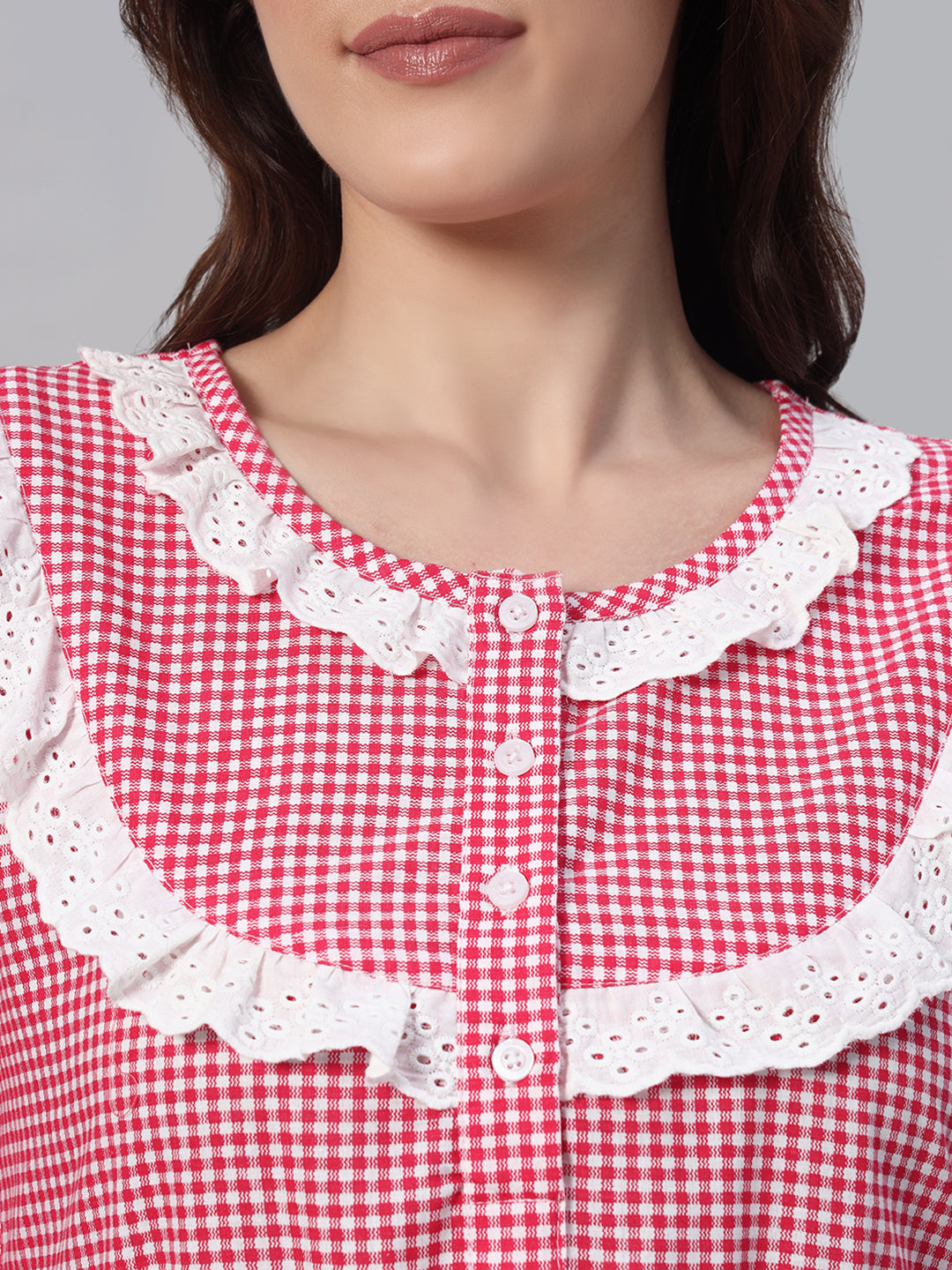 Red Gingham Lace Detail Night Gown – Classic & Comfortable Sleepwear For Women