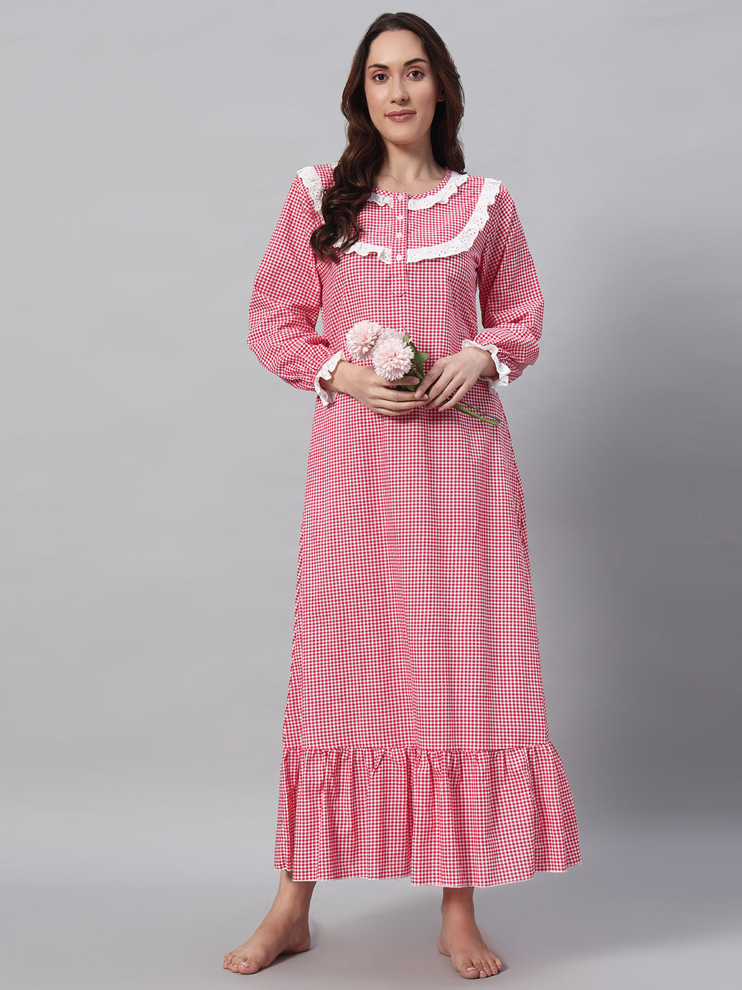 Red Gingham Lace Detail Night Gown – Classic & Comfortable Sleepwear For Women