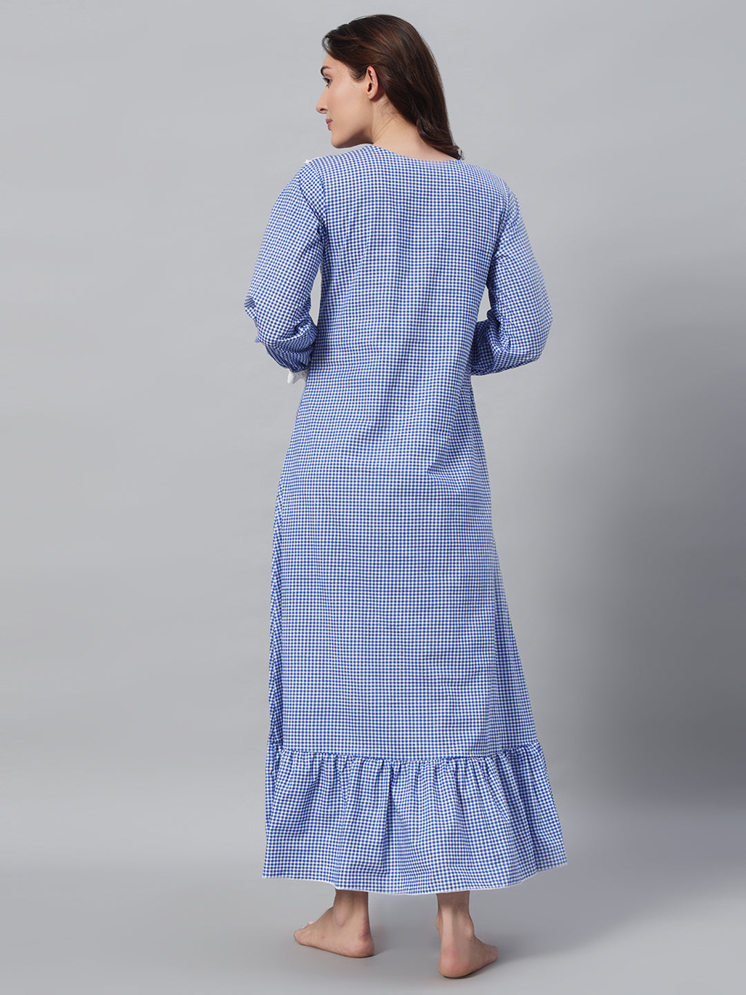 💙 Blue Checkered Night Gown – Classic & Comfortable Sleepwear