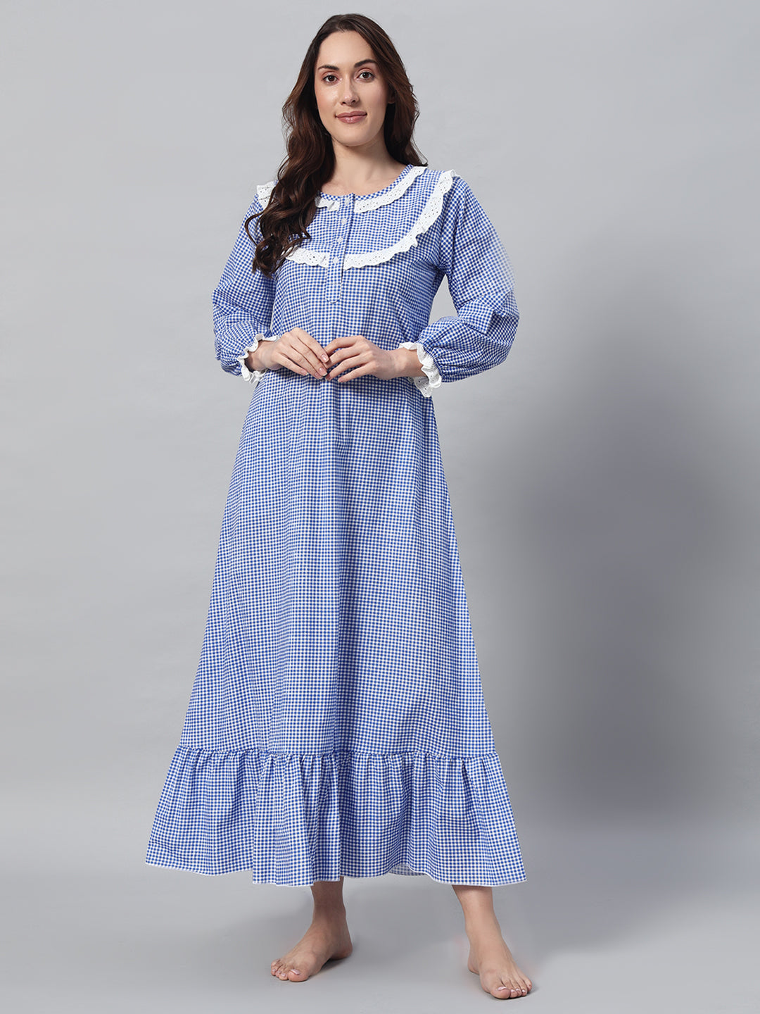💙 Blue Checkered Night Gown – Classic & Comfortable Sleepwear