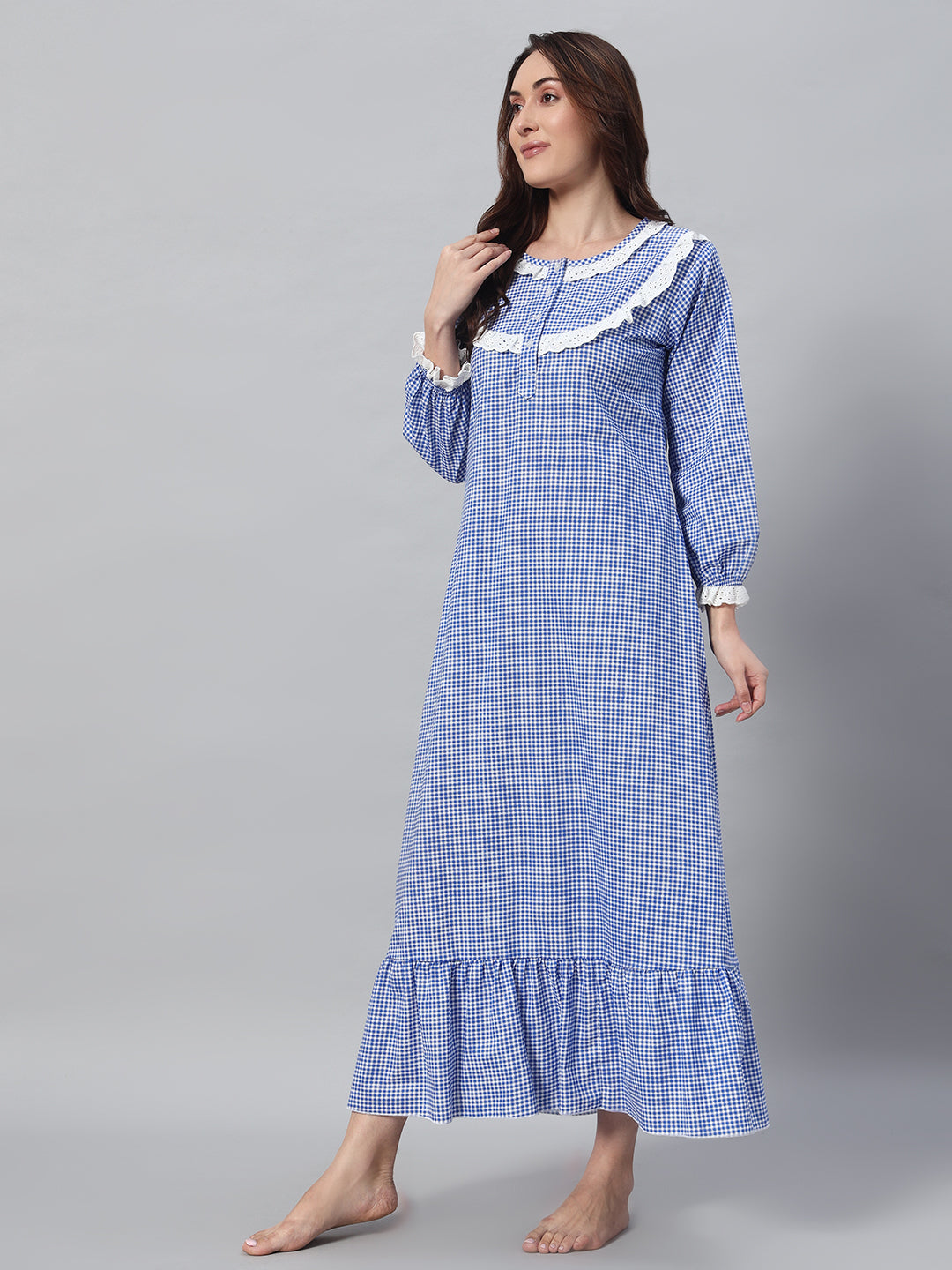 💙 Blue Checkered Night Gown – Classic & Comfortable Sleepwear