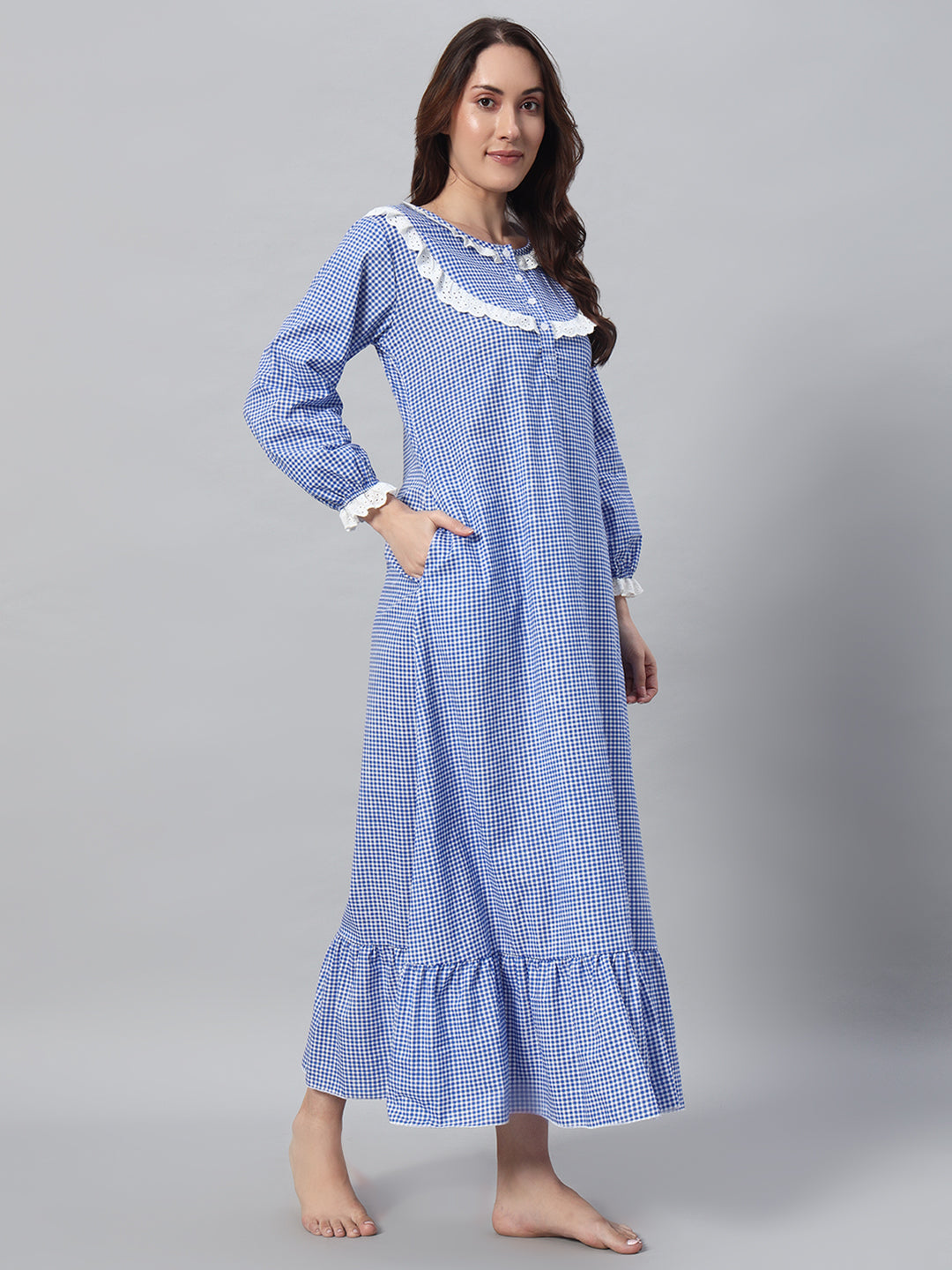 💙 Blue Checkered Night Gown – Classic & Comfortable Sleepwear