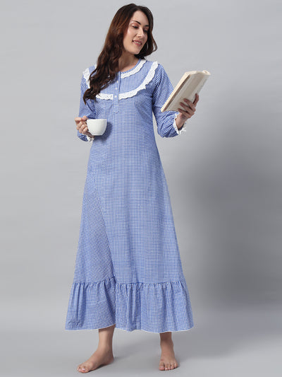 Blue Checked Night Gown For Women