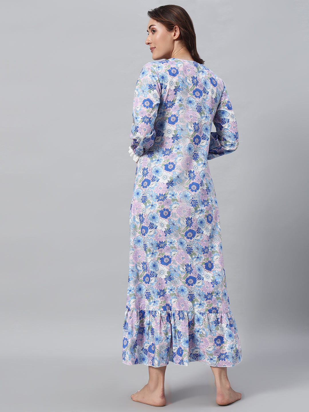 Blue Floral Printed Night Gown – Elegant & Comfortable Sleepwear For Women