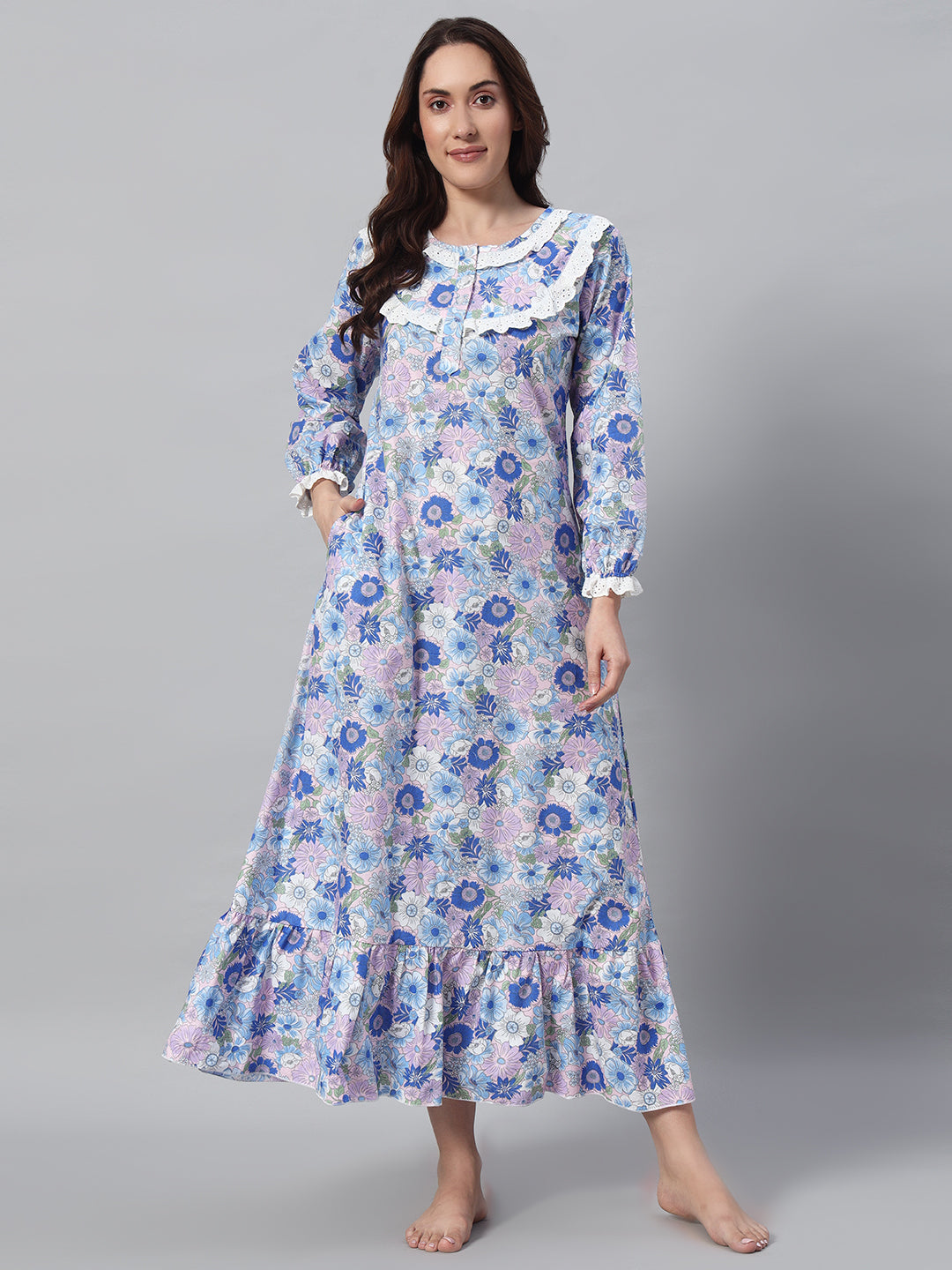 Blue Floral Printed Night Gown – Elegant & Comfortable Sleepwear For Women