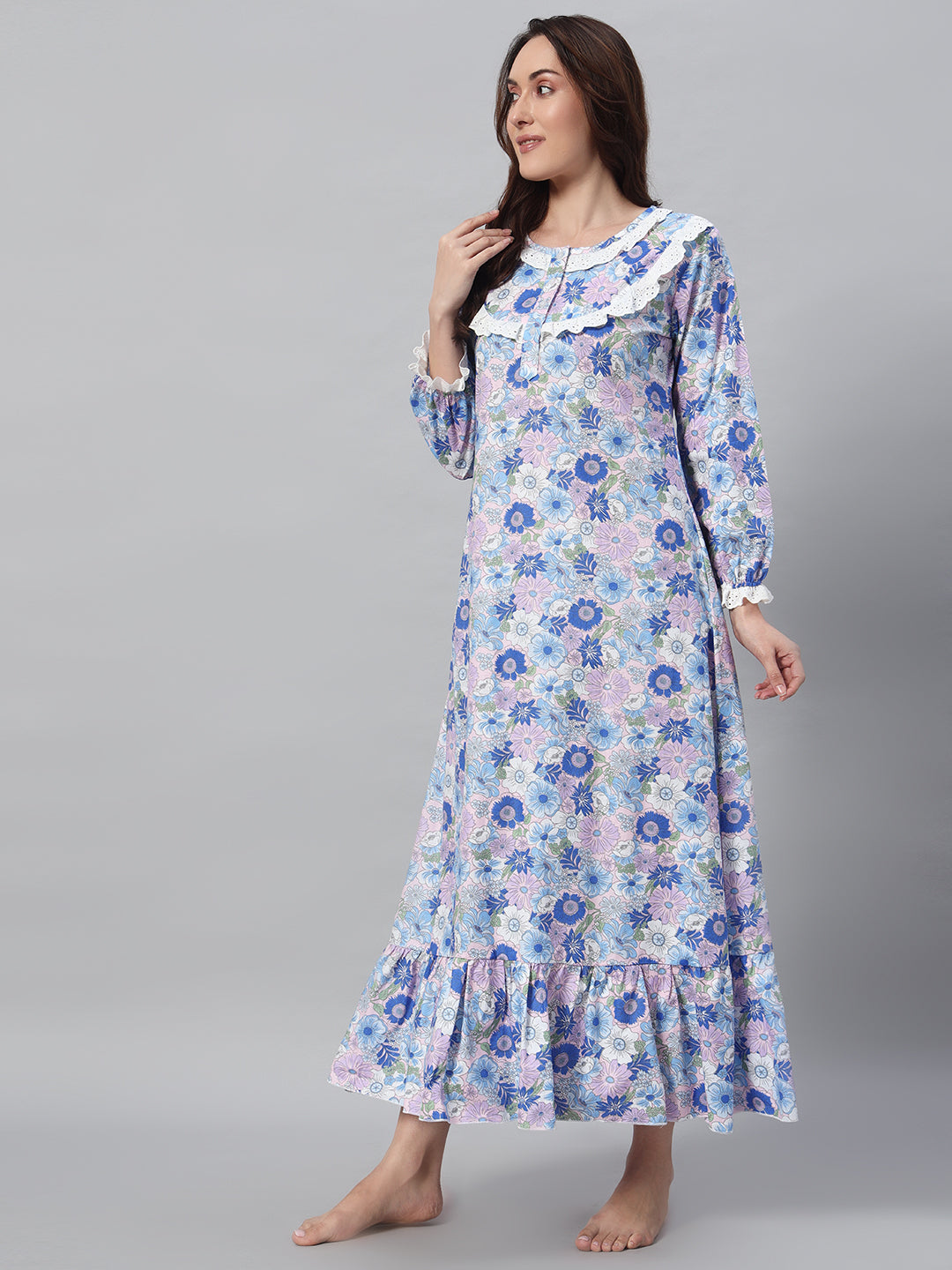 Blue Floral Printed Night Gown – Elegant & Comfortable Sleepwear For Women