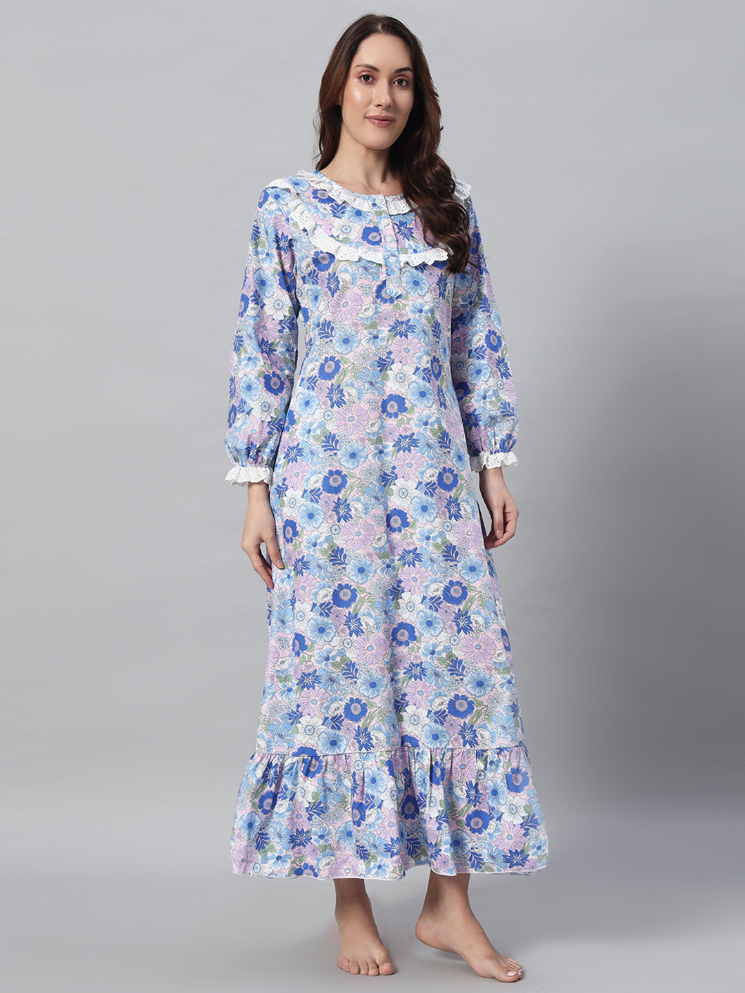 Blue Floral Printed Night Gown – Elegant & Comfortable Sleepwear For Women