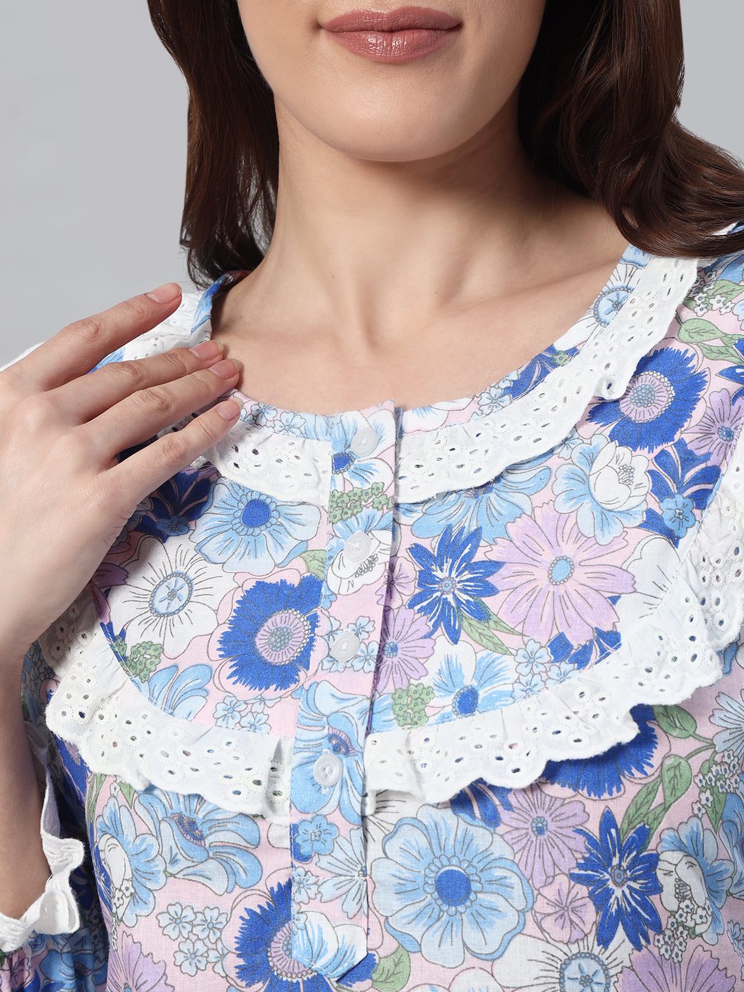 Blue Floral Printed Night Gown – Elegant & Comfortable Sleepwear For Women